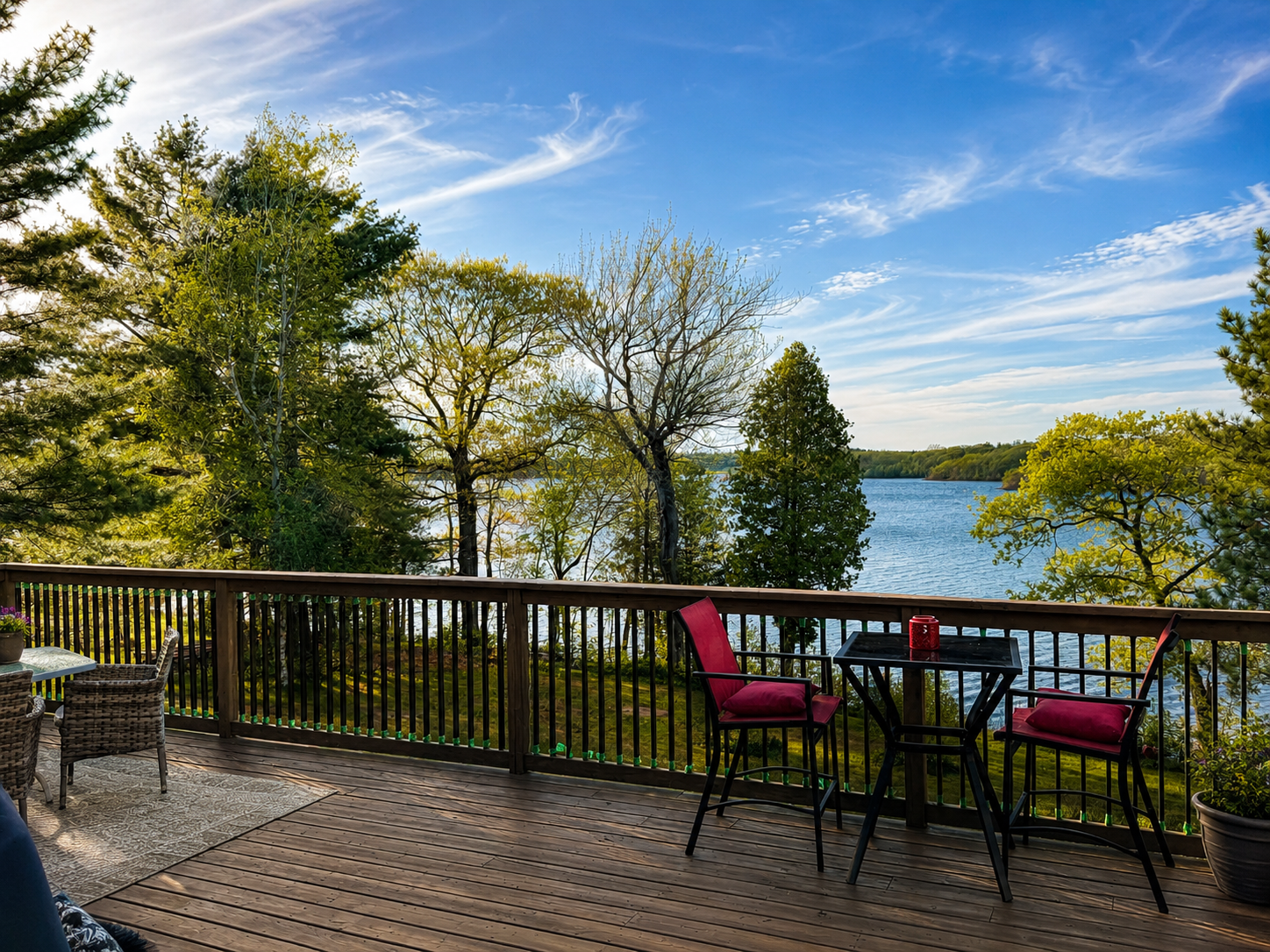 Waterfront view of Grand Lake from the deck at Grand Lake Pine Cottage in New Brunswick