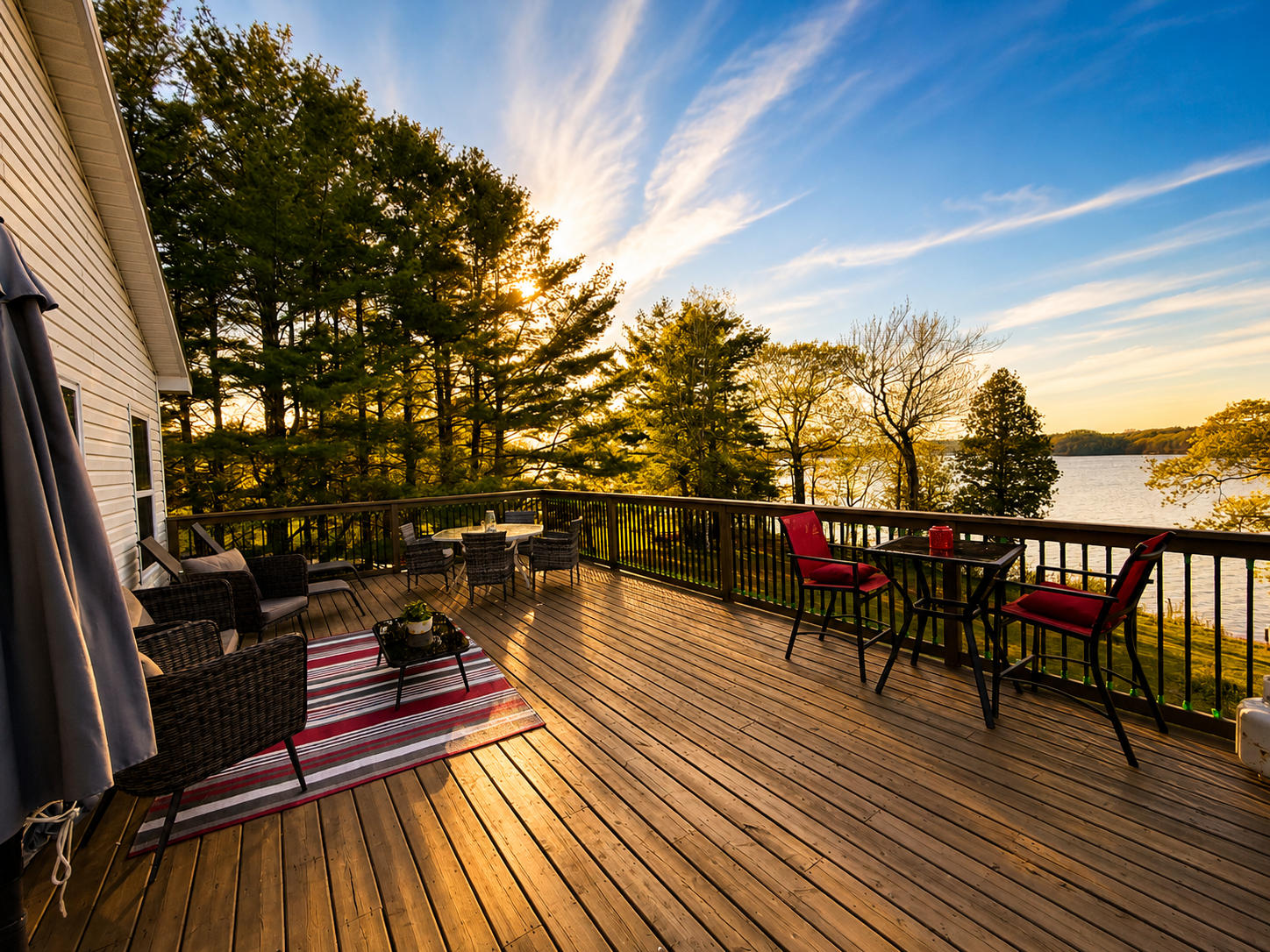 Large waterfront deck overlooking Grand Lake at Grand Lake Pine Cottage in New Brunswick