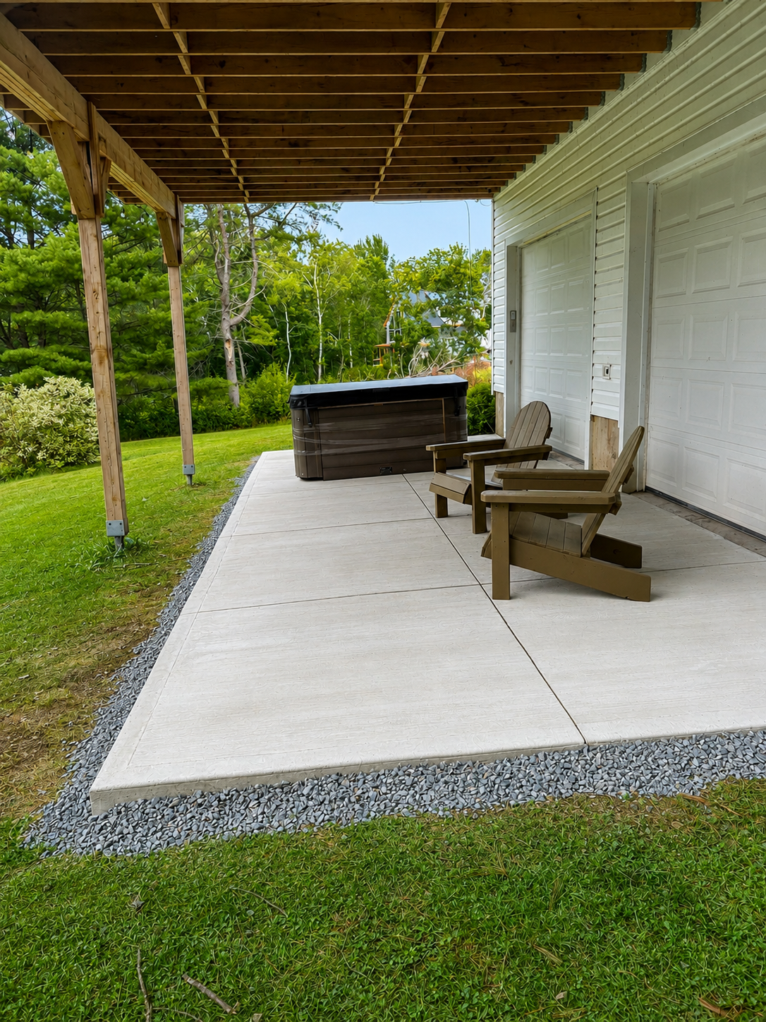 Covered patio seating next to the cottage with hot tub, New Brunswick