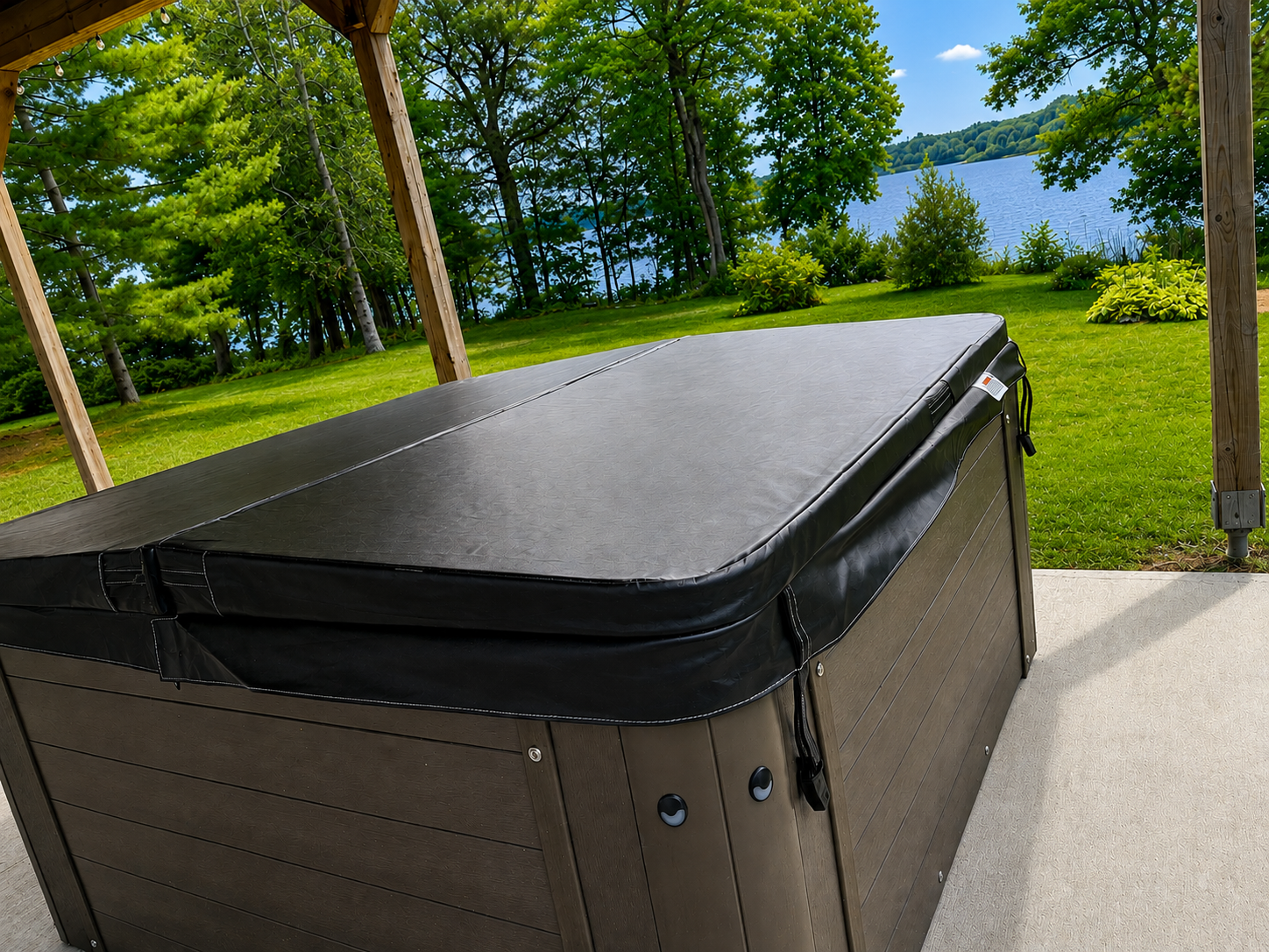 Hot tub with a Grand Lake view at this New Brunswick cottage