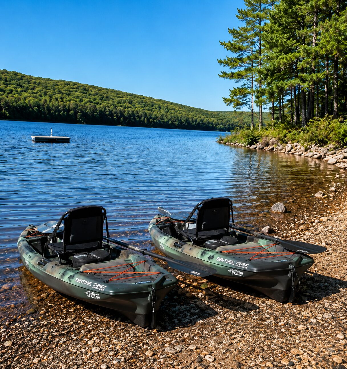Fishing kayaks on the dock, one of the things to do near Grand Lake, New Brunswick