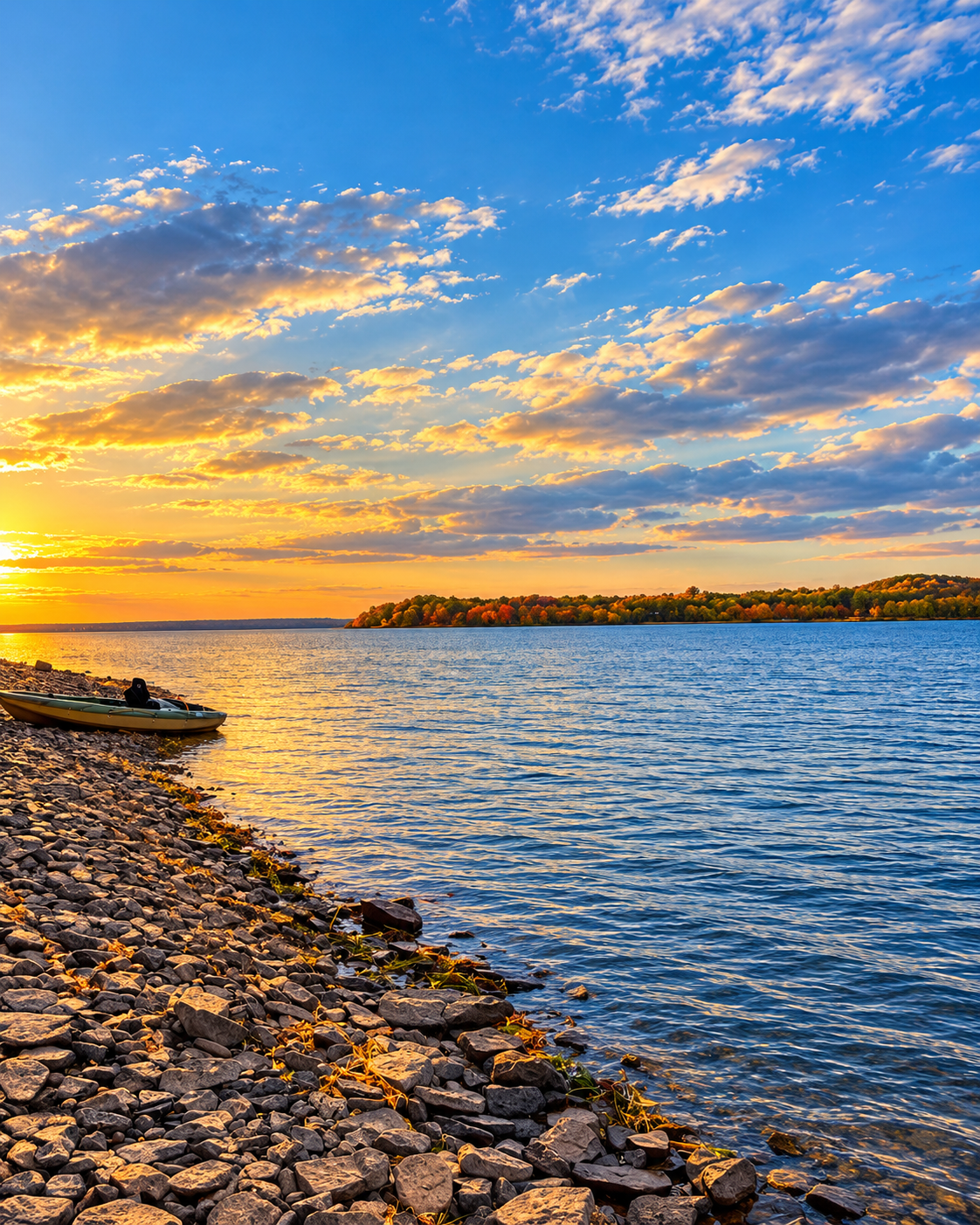 Sunset over Grand Lake New Brunswick with a kayak on the rocky shore