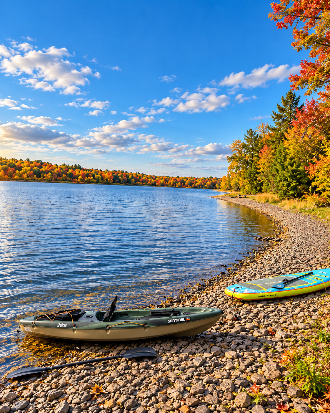 Kayak and paddleboard on the shore of Grand Lake, New Brunswick in fall