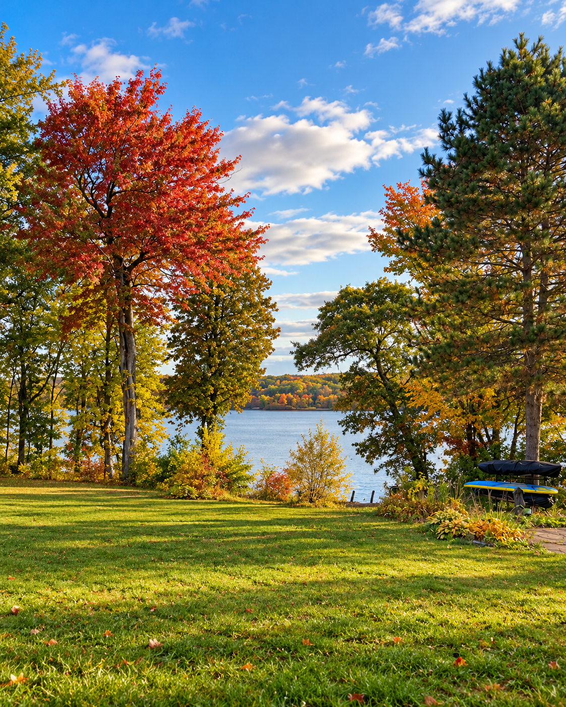 Fall colour on the shoreline, Grand Lake New Brunswick